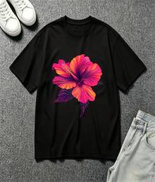 Vibrant Gradient Hibiscus Tropical Floral Watercolor Graphic Oversized Crew Neck Short Sleeve Women's T-Shirt Summer Beach Vacation Casual Wear Perfect Gift For Tropical Flower Nature Lovers - 黑色 - 查看 2