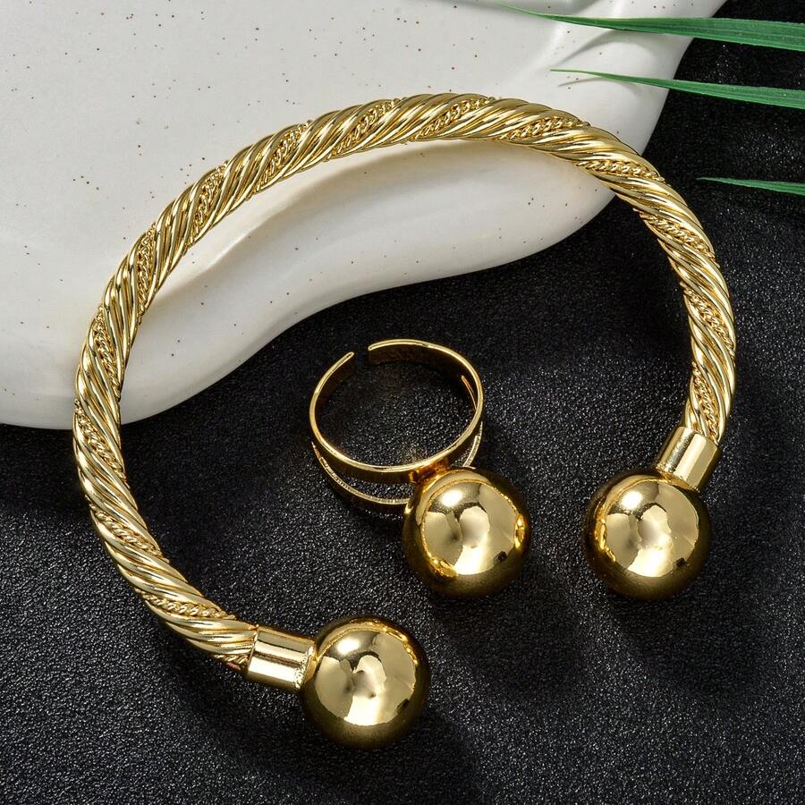2pcs/Set Classic 14K Gold Plated Spiral Bead Open Bangle Bracelet, Suitable For Women's Daily, Party, Banquet Wear - Gold 2 - View 1