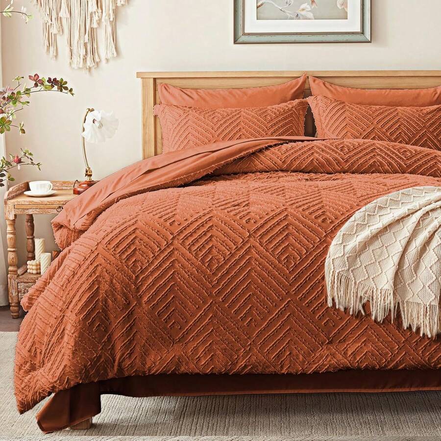 Zzlpp - 7 Piece Complete Duvet Set, Cream Tufted Bed In A Bag With Duvet And Sheets, All Season Boho Bedding Set With 1 Duvet, 2 Decorative Pillowcases, 2 - 焦橙色 - 查看 1