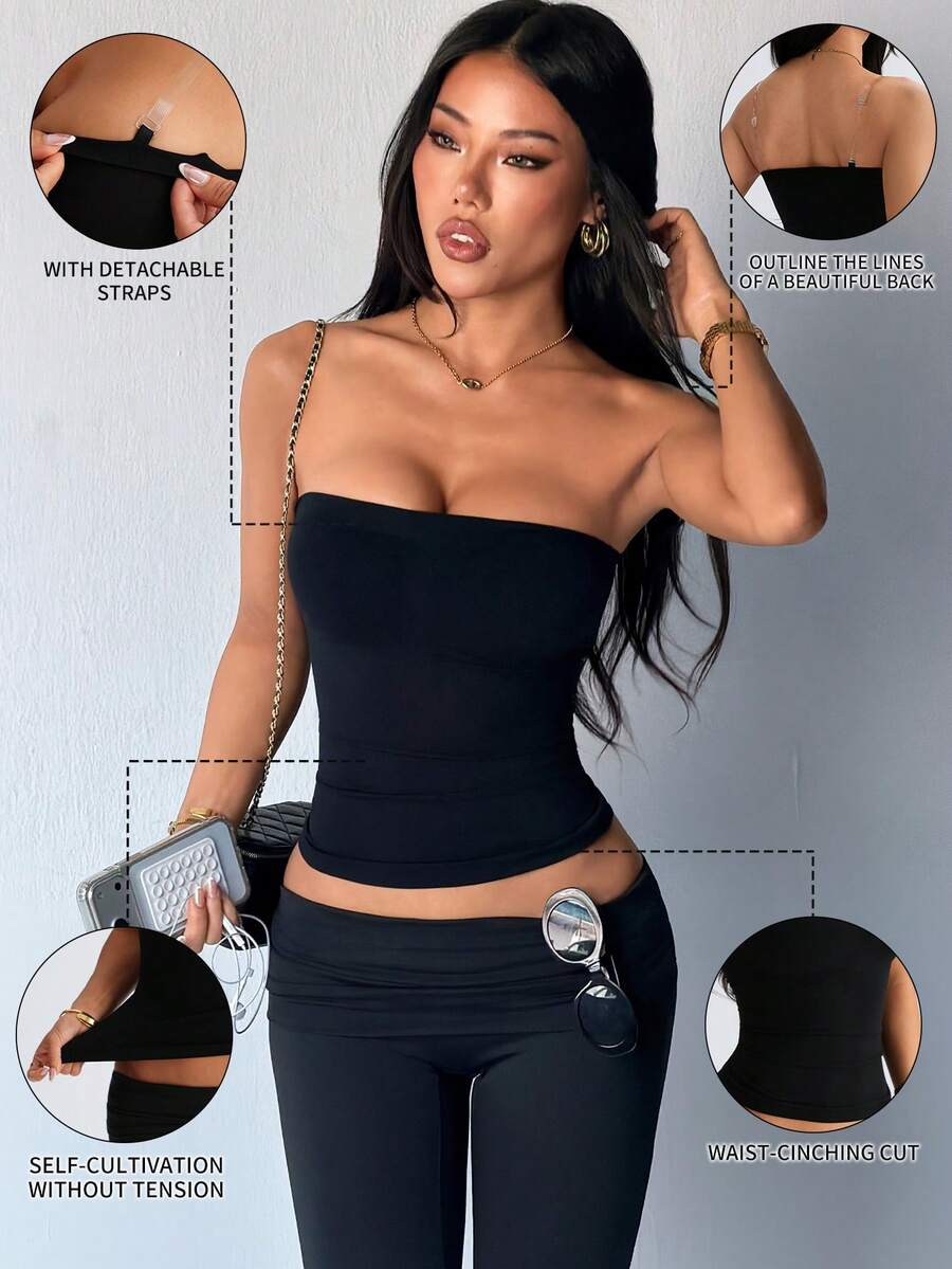 1pc Seamless Bandeau Camisole For All Seasons, Casual Daily Wear, Includes Invisible Transparent Shoulder Straps, Breathable And Cool For Summer, Push-Up, Waist And Tummy Control - Black - View 1