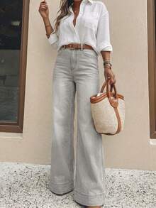 Women's Casual Washed Loose Wide Leg Denim Jeans Fall - Light Grey - View 3