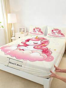 2/3PCS Cute Pink Unicorn Bedding Set For Girls Kids, Cartoon Unicorn On Cloud Print Fitted Sheet & Pillowcases, Magical Fantasy Themed Bed Set For Children, Teenagers, Adults, Boys And Girls Bedroom (Twin/Full/Queen/King Size) - Multicolor - View 4