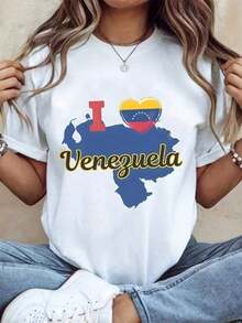 Suave Camiseta Estampada Vintage de VenezuelaS, Talla Grande, Cuello Redondo, Manga Corta, Corte Holgado, Regalo Perfecto, Top Casual de Verano, Regreso,100 % algodón,ropa deportiva de mujer - Blanco - Ver 1