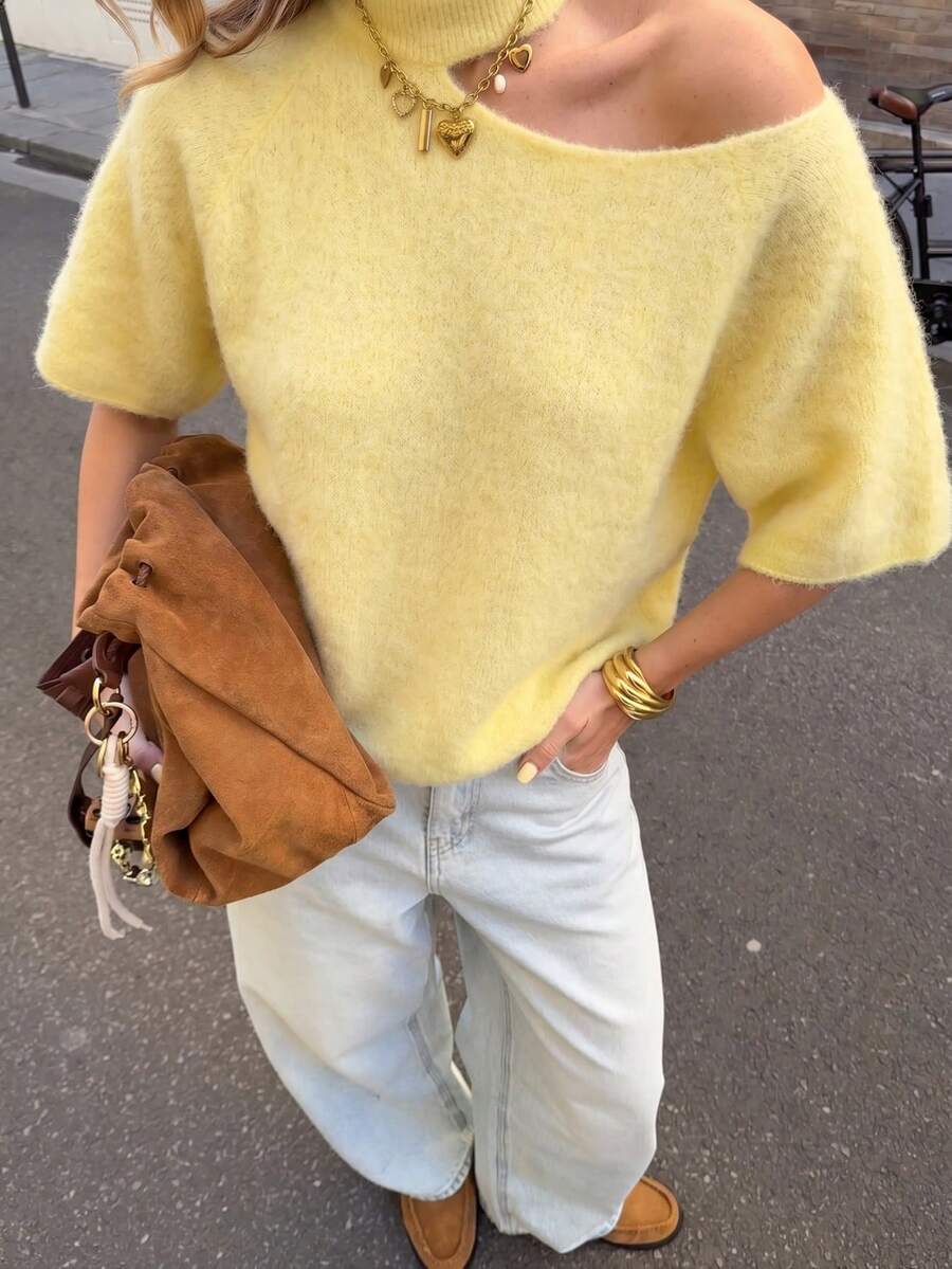 Women's Autumn Fashion Minimalist Elegant Off-Shoulder Soft Comfortable Slimming Cream Yellow Mid-Short Sleeve Sweater - Yellow - View 1