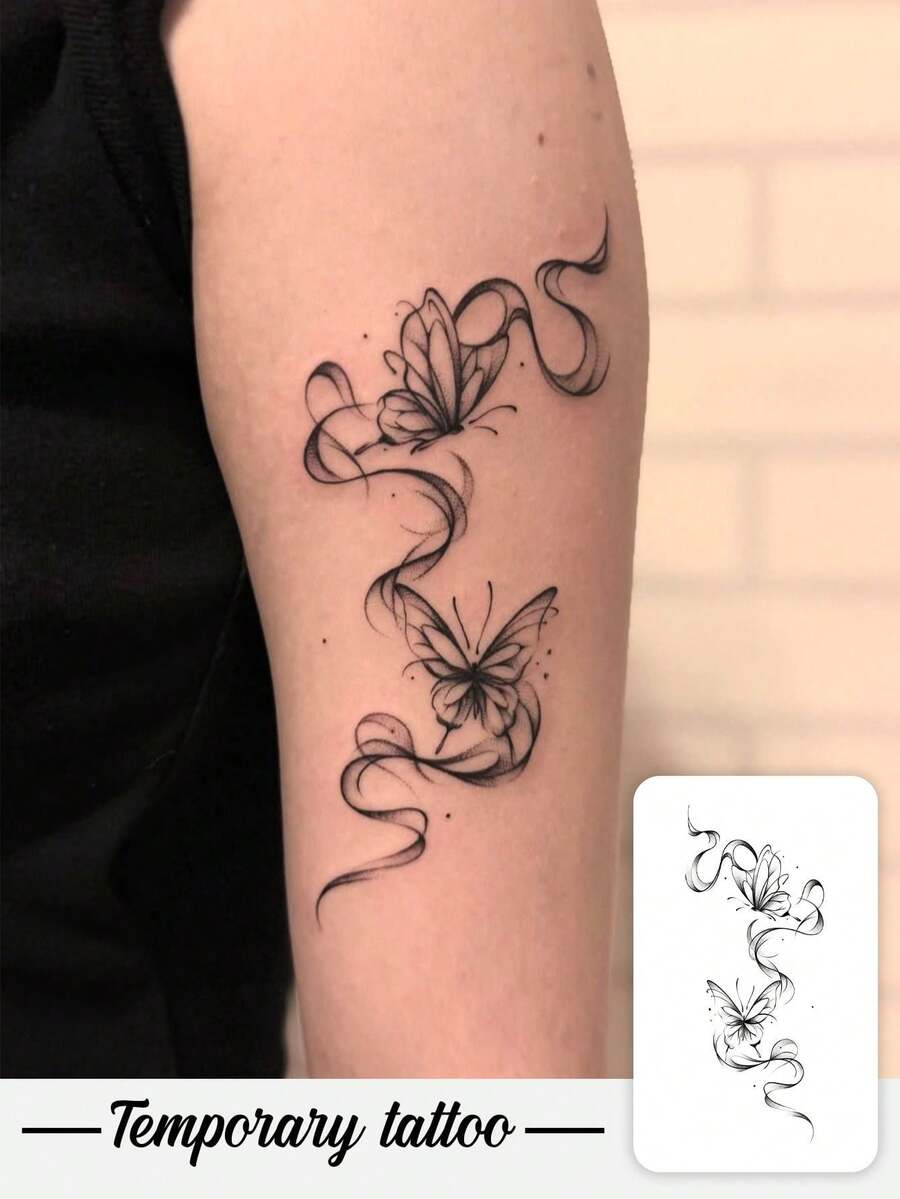 1pc Watercolor Ribbon Butterfly Tattoo Sticker, Premium Black & White Gradient Smoky Floating Ribbon Butterfly, Gentle Atmosphere Temporary Sticker For Arm And Forearm - Multicolor - View 1