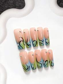 10 piezas de uñas postizas de estilo único hechas a mano, set de arte de uñas de polygel, líneas pintadas a mano, esmalte de uñas azul & verde, estilo minimalista soñador, incluye herramientas para uñas, 3 tamaños disponibles: almendra, pato, forma de ataúd, adecuado para fiesta, baile, uso diario - Multicolor - Ver 20
