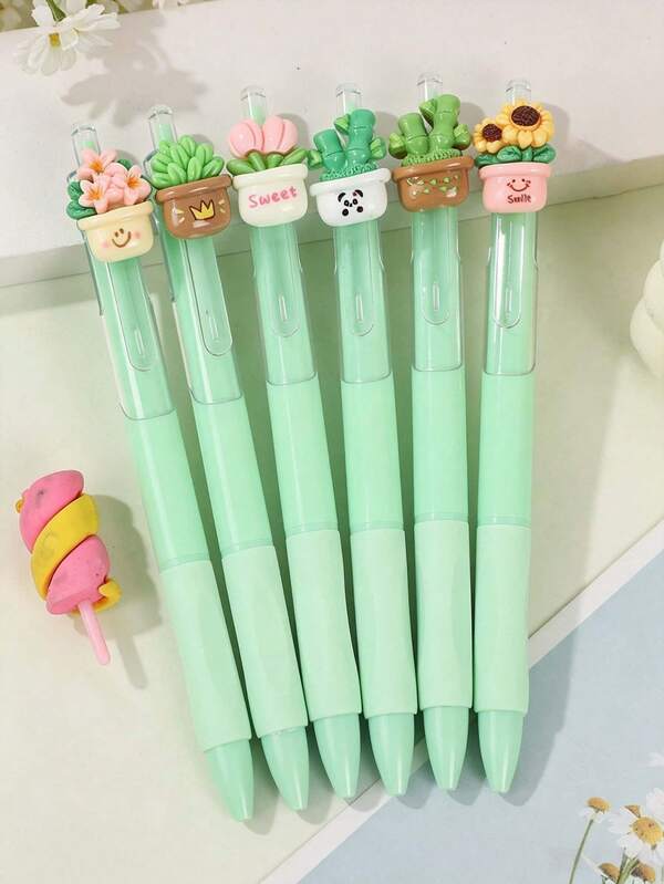 100pcs Cute Floral Press Ballpoint Pen, High Quality Translucent Ballpoint Pen, Cartoon Press Pen, Student Gift (Random Styles) Back To School
