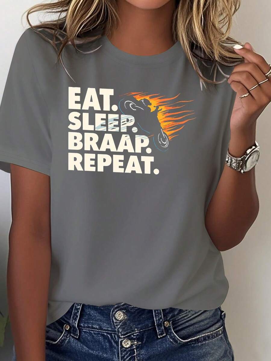 Comfortable Casual Fit, Year-Round Motorcycle Enthusiast Clothing, Everyday T-Shirt, Bold Print, Urban Fashion, Soft Fabric, Comfortable Cut, Slogan Top, For Fashion Lovers - 深灰色 - 查看 1