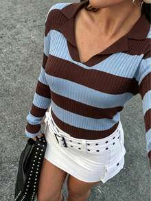 Women's Striped Long Sleeve Pullover Sweater, Casual Ribbed Knit Top. Women's Striped Knit Sweater, Ideal Choice For In Autumn/Winter Fall - Brown - View 1