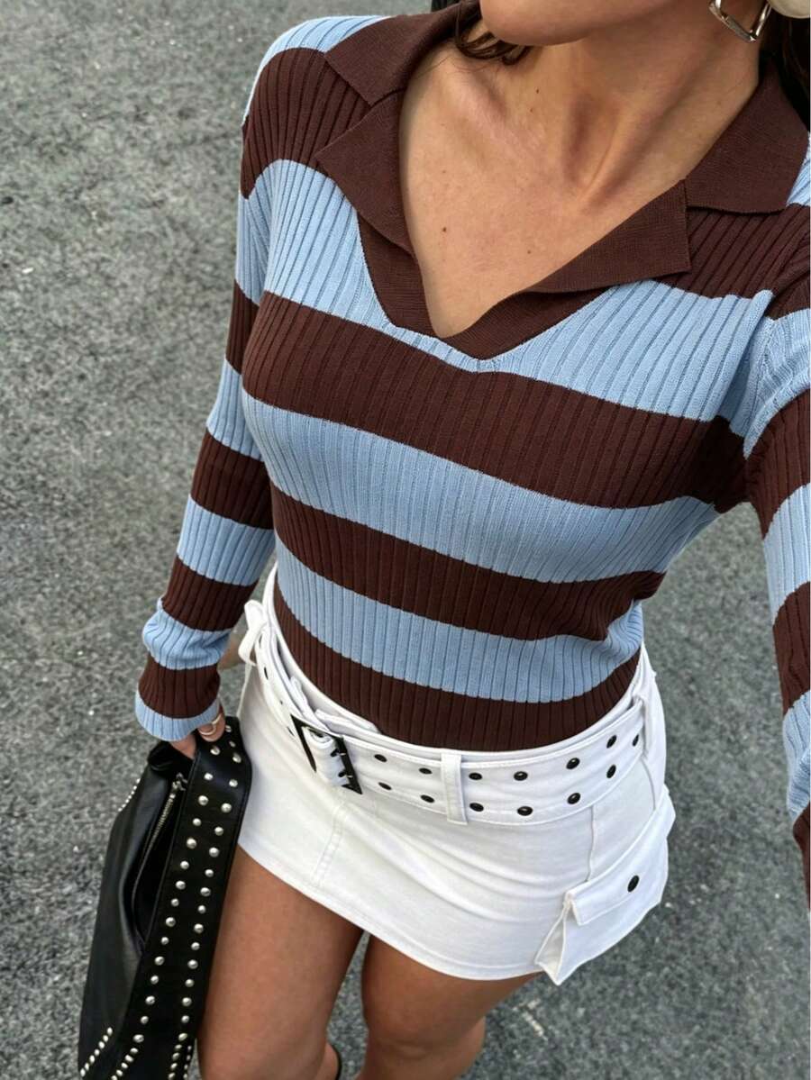 Women's Striped Long Sleeve Pullover Sweater, Casual Ribbed Knit Top. Women's Striped Knit Sweater, Ideal Choice For In Autumn/Winter Fall - Brown - View 1
