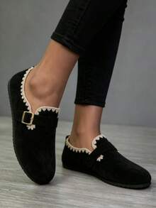 Women Wide Toe Box Suede Buckle Flats, Lace Trim Round Wide Fit Loafers, Soft Non-Slip Comfort Daily Walking Casual Shoes - Black - View 7