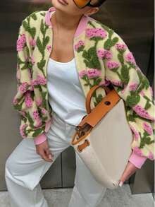 Women's Pink Green Floral Country Style Baseball Jacket Loose Cropped Long Sleeve Terry Jacquard, Vacation Commute Back To School Fall - Multicolor - View 8