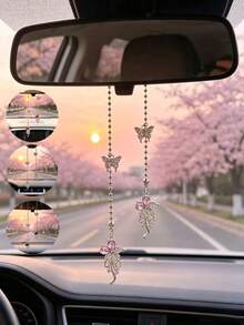 1pc Fairy Style Flash Diamond Butterfly Mosaic Car Ornaments Pink Diamond Bead Chain Car Rearview Mirror High Sense Decoration - Butterfly Flowers - View 11
