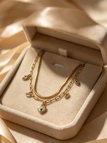 Collar minimalista de dos capas chapado en oro, dije principal de corazón con ojo malvado y pequeños acentos de ojo, joyería hipoalergénica apilable para uso diario de damas - Collar de tres ojos de doble capa - Ver 6