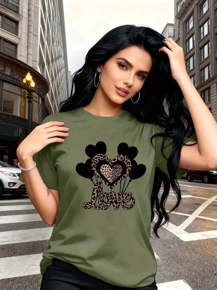Graphic Tees2026 New Women's Pure Cotton Casual T-Shirt, Combining Boldness With Delicacy, With A Black Heart-Shaped Balloon Print And Leopard Print, And U - 綠色 - 查看 1