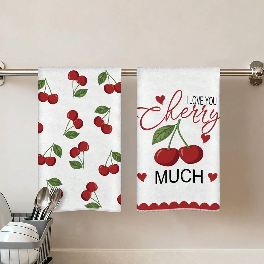 2pcs Red Cherry Text Design Microfiber Kitchen Towels, Hand Towels, Kitchen Towels, Kitchen Decor Towels, Dish Cloths, Home Life Kitchen Restaurant Bathroom Decoration And Cleaning, 40*60cm - Multicolor - View 1