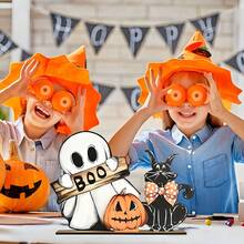 1件裝萬聖節木製裝飾品－幽靈、南瓜與黑貓桌面裝飾；「BOO」桌上中心裝飾；適用於萬聖節居家裝飾與室內派對場景 - 多色 - 查看 5