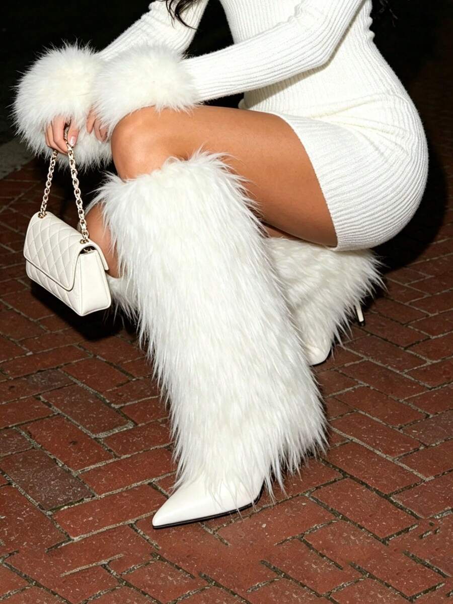 Stiletto High Heel Women Knee High Boots Furry Fluffy Fashion Luxury Sexy Elegant Nightclub Halloween Winter Snow Shoes For Woman - 白色 - 查看 1