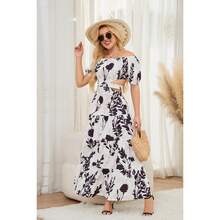 Oyyn Elegant High Waist Floral Print Maxi Dress With Full Hem For Parties, Women's Clothing 2024, Chic And Sexy Off Shoulder Maxi Dresses Size S - 黑色 - 查看 7