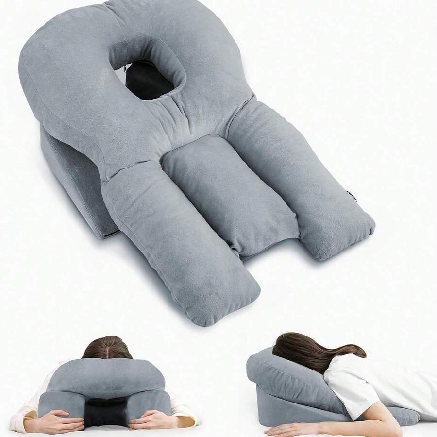 1pc Prone Sleeping Pillow For Ophthalmic Surgery Recovery, Soft Abdominal Support Sleep Pillow With Adjustable Airflow Gap, Face Hole Suitable For Small To Medium Adult Face Shapes, Not Recommended For Large Face Shapes - Grey - View 1