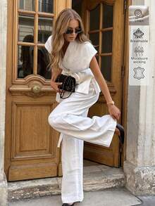 Linen Solid Color Casual Elegant Commuting Intellectual Retro Style Waist Belt Top And Pants Two Pieces Set White Summer - White - View 3