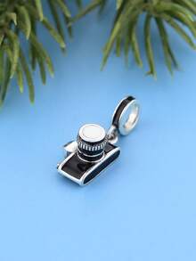 1 buc. pandantă tip bile din argint sterlin S925, cameră vintage, charm 3D SLR din email negru și alb, pentru brățară DIY cu lanț tip șerpente, bile argintii cu email negru - Argint - Vizualizare 2