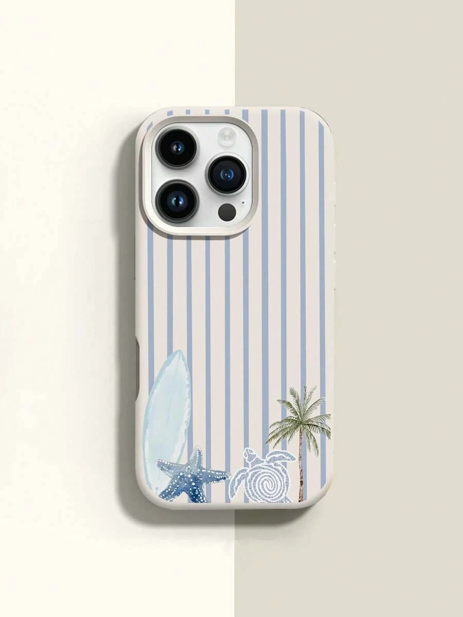 1pc Minimalist Summer Coconut Tree Turtle Starfish Full Screen Blue Striped Pattern Phone Case, Liquid Silicone Large Hole Shockproof Soft Shell Protective Cover Compatible With Samsung/Apple 11/12/13/14/14 Plus/15/15 Plus/16/16 Plus/17/17 Pro And Other Models - Multicolor - View 1