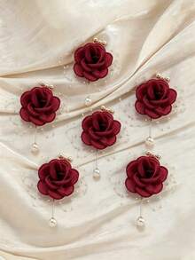 1pc/2pcs/6pcs Premium Burgundy Rose With Small Beads Metal Alloy Elegant Corsage And Pearl Chain Wrist Flower, Suitable For Groom, Bride, Groomsman, Bridesmaid - Burgundy - View 5