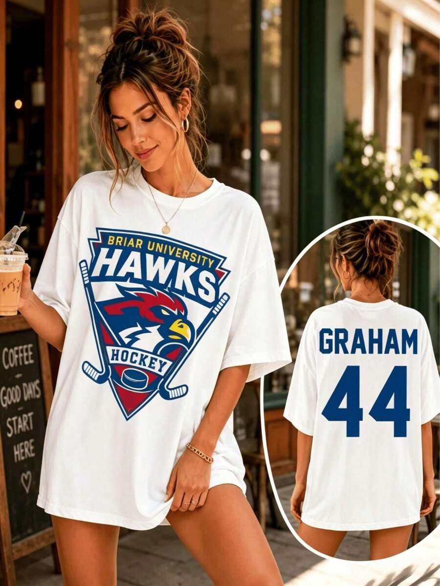 Camiseta de hockey sobre hielo Briar University Hawks Graham 44, estilo retro americano holgado de manga corta, para uso fuera del campus. - Blanco - Ver 1