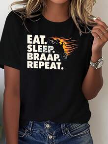 Comfortable Casual Fit, Year-Round Motorcycle Enthusiast Clothing, Everyday T-Shirt, Bold Print, Urban Fashion, Soft Fabric, Comfortable Cut, Slogan Top, For Fashion Lovers - 黑色 - 查看 1