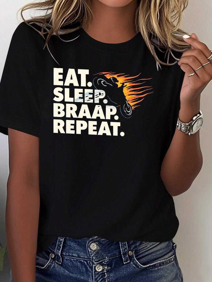 Comfortable Casual Fit, Year-Round Motorcycle Enthusiast Clothing, Everyday T-Shirt, Bold Print, Urban Fashion, Soft Fabric, Comfortable Cut, Slogan Top, For Fashion Lovers - 黑色 - 查看 1