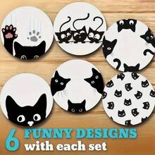 6pcs/Set Round Wooden Coasters, Perfect Cat-Themed Coaster Set, Suitable For Home And Kitchen Decor, Enhance Your Tabletop Style, Suitable For Coffee Table, Dining Room And Living Room Entertainment, Applicable To Various - Multicolor - View 1