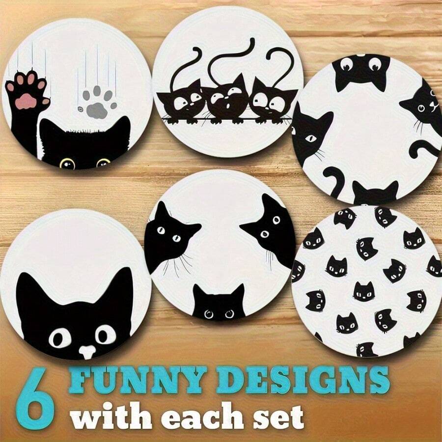 6pcs/Set Round Wooden Coasters, Perfect Cat-Themed Coaster Set, Suitable For Home And Kitchen Decor, Enhance Your Tabletop Style, Suitable For Coffee Table, Dining Room And Living Room Entertainment, Applicable To Various - Multicolor - View 1