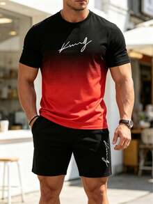 Men's Gradient Letter Print Short Sleeve Crew Neck T-Shirt And Drawstring Shorts Set, Comfortable Casual Outfit, 100% Polyester, Lightweight And Breathable Fabric - 灰色 - 查看 11
