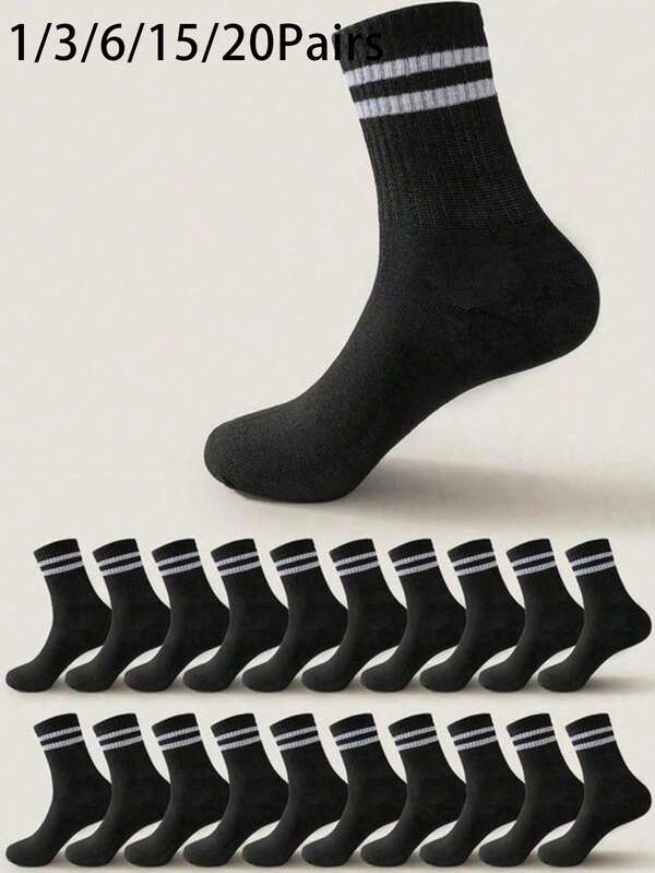 1/3/6/15/20 Pairs Black Double Stripe Unisex Mid-Calf Socks, Suitable For Outdoor Activities, Casual Mid-Calf Socks, Unisex Thick Long Socks For Winter, Autumn Version