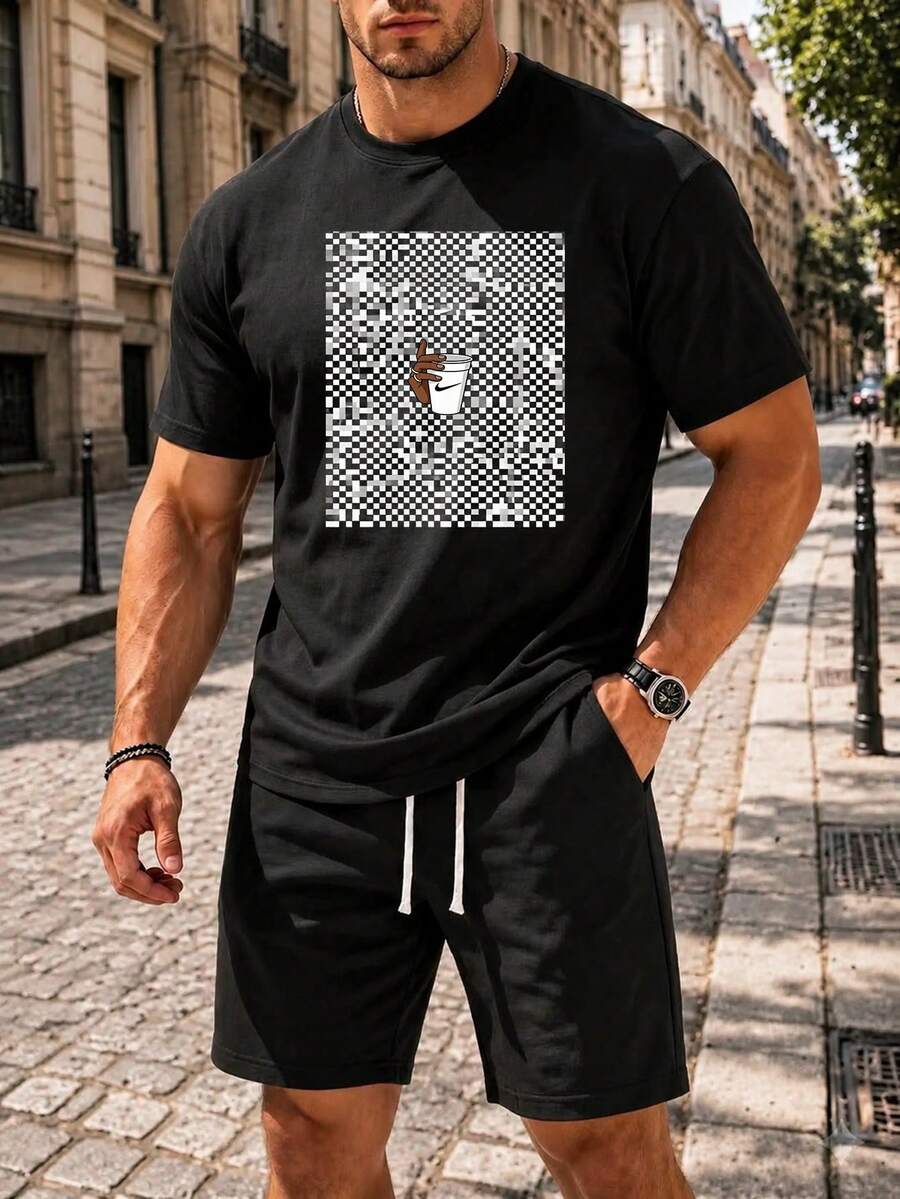 Men Minimalist Pattern T-Shirt Clean Style Casual Top - 黑色 - 查看 1