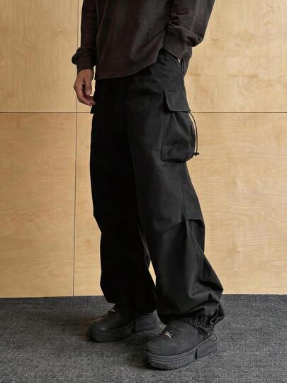 American Streetwear Style Black Multi-Pocket Drawstring Waist Loose Straight Leg Casual Pants For Men