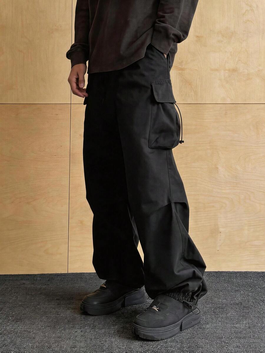 American Streetwear Style Black Multi-Pocket Drawstring Waist Loose Straight Leg Casual Pants For Men - Black - View 1