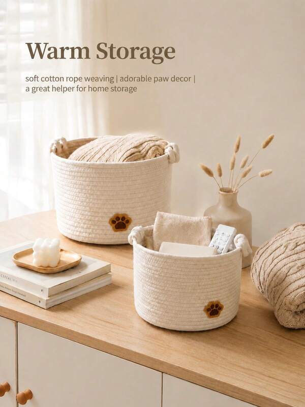 1pc Handmade Woven Cotton Rope Laundry Basket, Minimalist Cream Color Round Woven Basket With Cute Bear Paw Patch, Soft Handle, M/L Size Optional, Large Opening Top, Bedroom Closet Nursery Dormitory Laundry Room Clothes Storage Basket