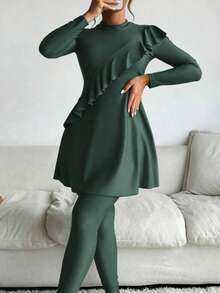 WaveBikini Burkini Modest Swimsuit UPF Sun Protection Ruffle Long Sleeve Solid Green Swim Set With Hijab For Women Beach Swimming - Dark Green - View 6