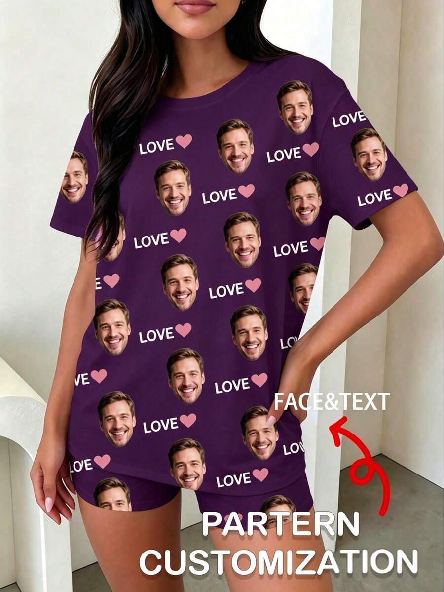 1件女款客製化臉部與文字睡衣套裝,黑色配個性化臉部、LOVE與粉色愛心印花,柔軟面料,休閒風格,適合居家穿著 - 紫色 - 查看 1