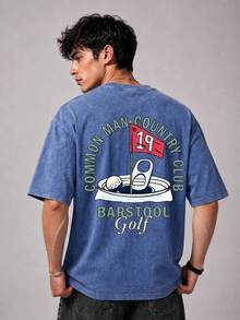 Men's Vintage Golf Club Graphic T-Shirt, Bastrol Manor Retro Country Club Print, Washed Cotton Casual Streetwear Tee - 寶藍色 - 查看 2