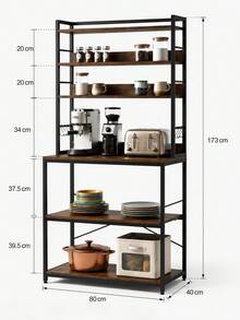  Estantería de Cocina de 6 Niveles, Estantería para Microondas con 6 Ganchos, Organizador de Panadería con Marco de Acero Industrial, 80 x 40 x 173 cm, Marrón Rústico - Marrón - Ver 3