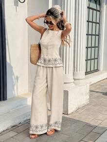 Women's Casual 2-Piece Set Consisting Of A Single-Row Floral Print Vest And Pants - 全穀類咖啡 - 查看 9