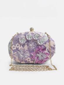 Damen Abend Clutch Tasche, ovale Hartschalen Rahmen Clutch, Vintage romantischer Feenstil, geeignet für Hochzeit, Cheongsam, Brautparty, zufällige Schnittposition - Mauve - Übersicht 2