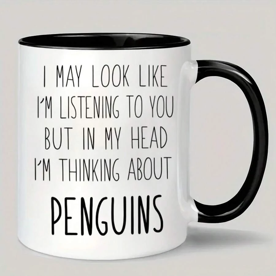 Taza de Cerámica Divertida y Original: Escucha, Piensa y Sueña con Pingüinos, Apta para Lavavajillas, Ideal como Regalo para Otros - Imagen 1 pieza - Ver 1