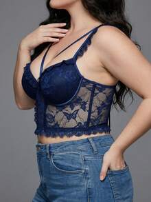 Plus Size Women's Butterfly Lace Bra With Criss-Cross Back Tie - Royal Blue - View 3