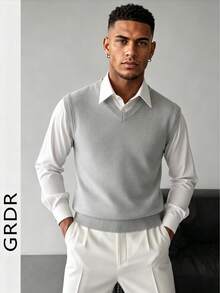 GRDR Men's Solid Color V-Neck Casual Versatile Knit Vest - Light Grey - View 3