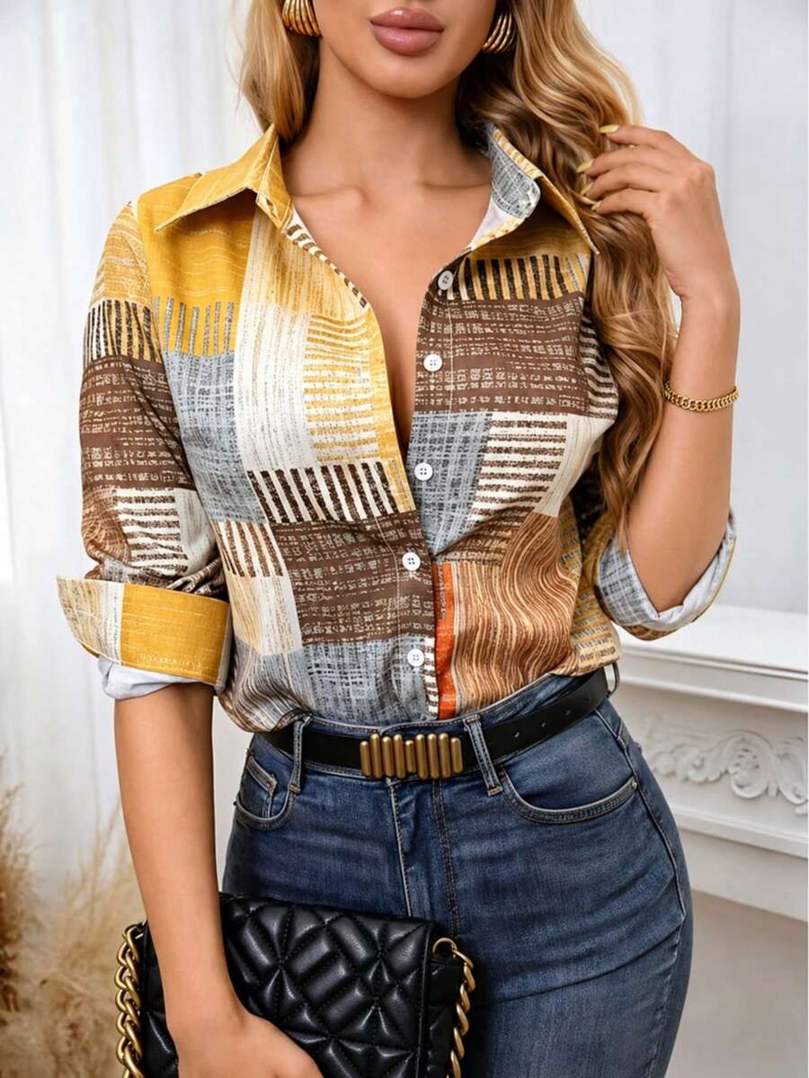 Colorblock Button Print Long Sleeve Casual Retro Shirt, Patterned Plaid Front Button Vacation