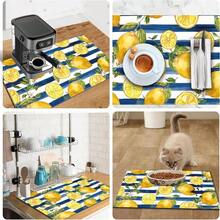 1 pieza Alfombrilla de secado de platos, Alfombrilla para cafetera, Patrón de limón acuarela con rayas azules y blancas, Altamente absorbente, Adecuada para mesa de comedor, cafetería y otras escenas, Regalo para el hogar, Encimera, Decoración de mesa de comedor - XYLSD-580 - Ver 11